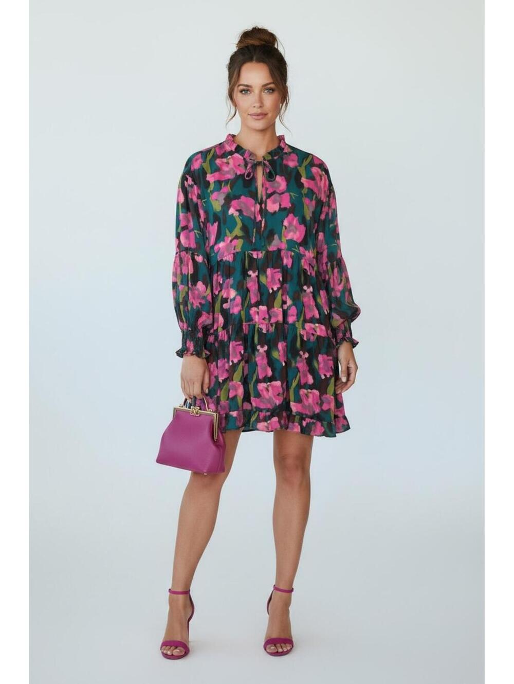 Jodifl Chasing Dreams Floral Tiered Chiffon Mini Dress Teal Pink, Size Medium